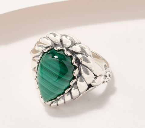 American West Sterling Silver Pear Malachite Rope Ring Size 7