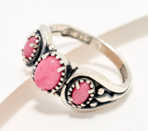 American West Sterling Silver 3-Stone Oval Rhodonite Band Ring Size 9