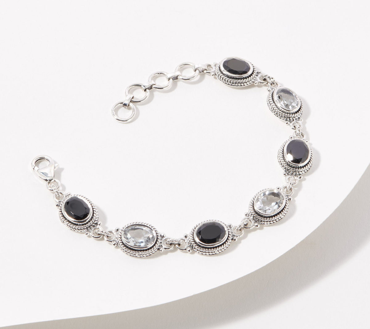 Artisan Crafted Sterling Silver Oval Black Gemstone Adjustable Bracelet 6"L