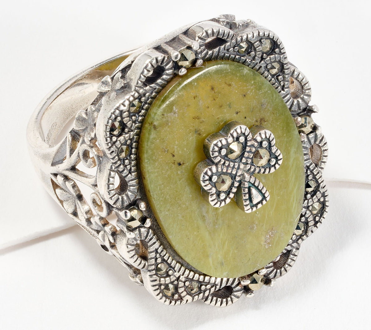 Connemara Marble Sterling Silver Marcasite Accents Shamrock Ring, Size 9