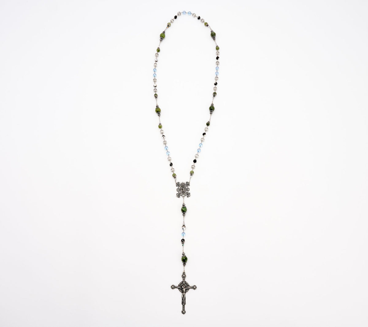 Connemara Marble Mother's Love Rosary Necklace, Silvertone/Blue