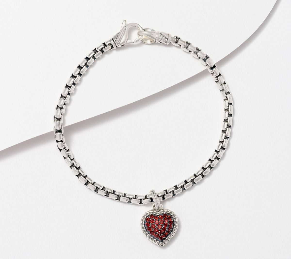 JAI Sterling Silver Box Chain Pave Garnet Heart Charm Bracelet, 7-1/4"