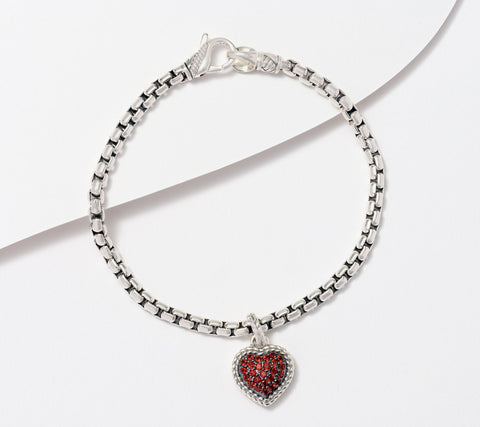 JAI Sterling Silver Box Chain Pave Garnet Heart Charm Bracelet, 7-1/4"