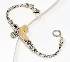 Artisan Crafted  Sterling Silver & 18K Accents Byzantine Cross & Garnet Bracelet, 7-1/4"