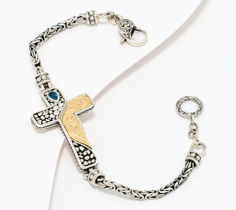 Artisan Crafted Byzantine Cross & Gem Bracelet, Sterling & 18K, 7-1/4"