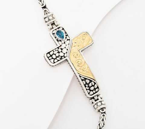 Artisan Crafted Byzantine Cross & Gem Bracelet, Sterling & 18K, 7-1/4"