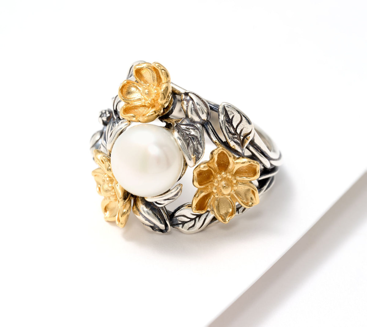 Or Paz Goldclad Sterling Silver Floral Cultured Pearl Ring Size 8