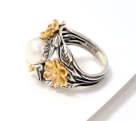 Or Paz Goldclad Sterling Silver Floral Cultured Pearl Ring Size 8