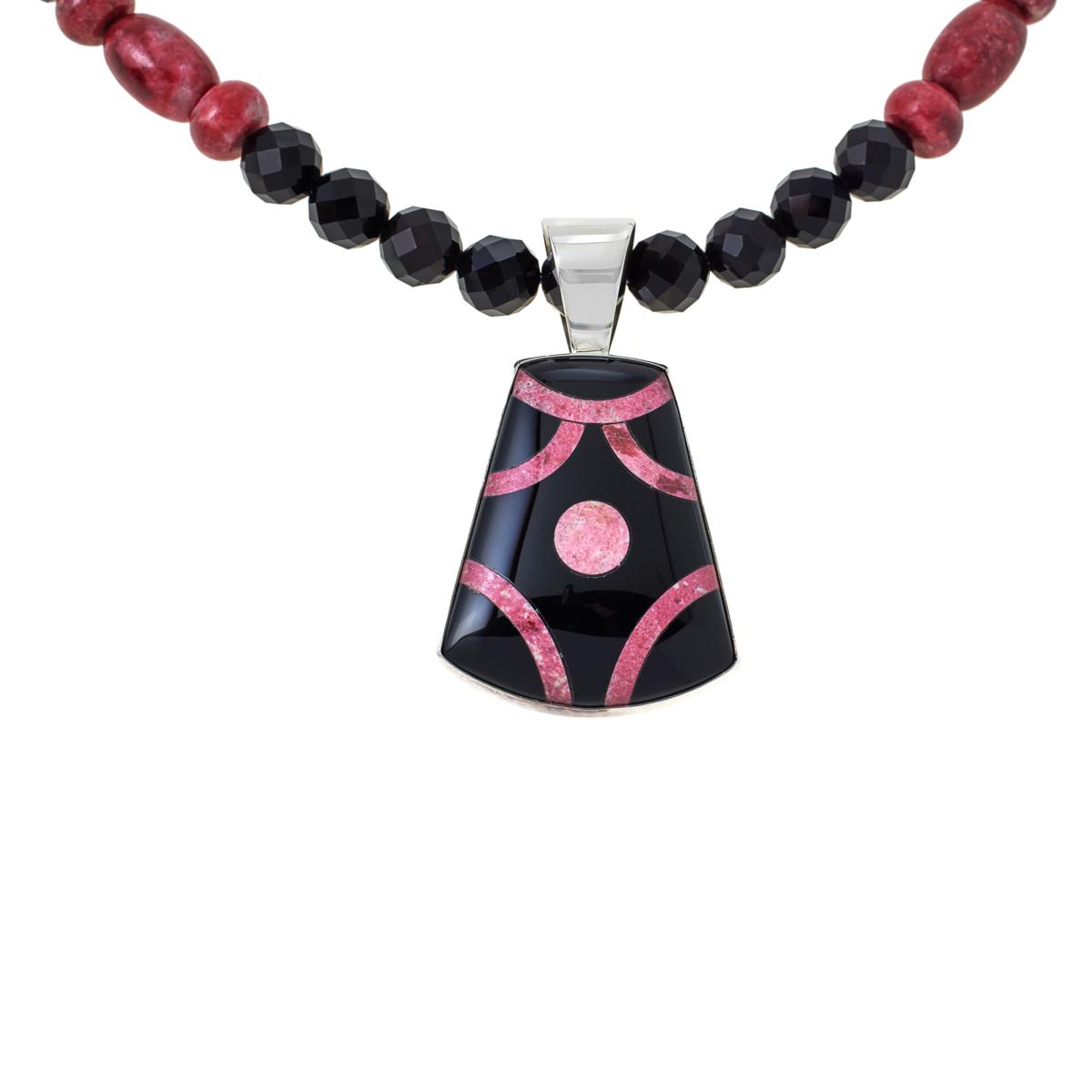 Jay King Black Chalcedony and Pink Thulite Inlay Pendant with Necklace 18"