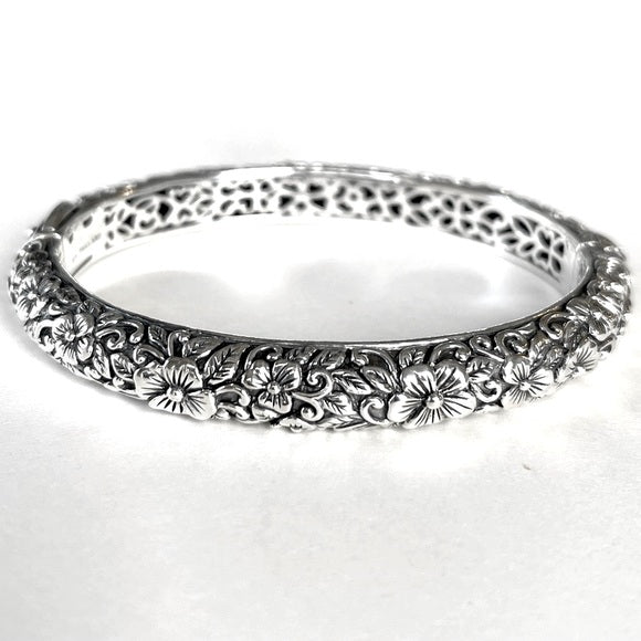 JAI Sterling Silver Floral Textured Bangle Cuff, 6-1/4"