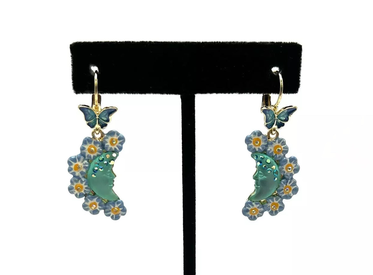 Kirks Folly Goldtone Blue Spring Moon Drop Earrings. 1"