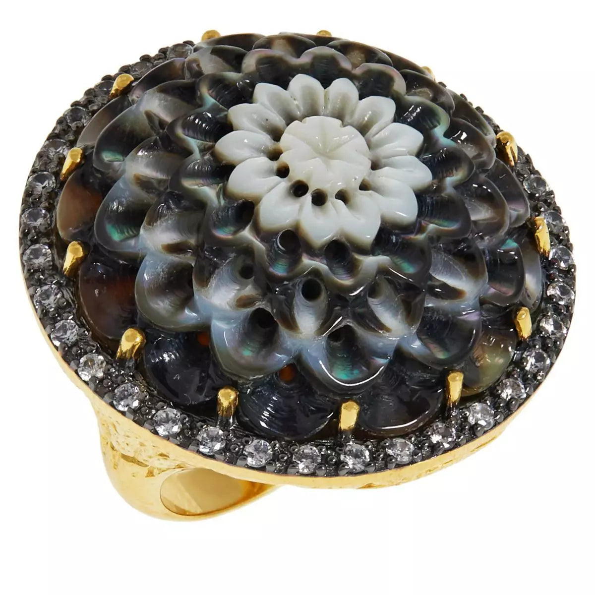 Rarities Sterling Silver Goldclad Black Mother-of-Pearl & White Zircon Carved Flower Ring, Size 6