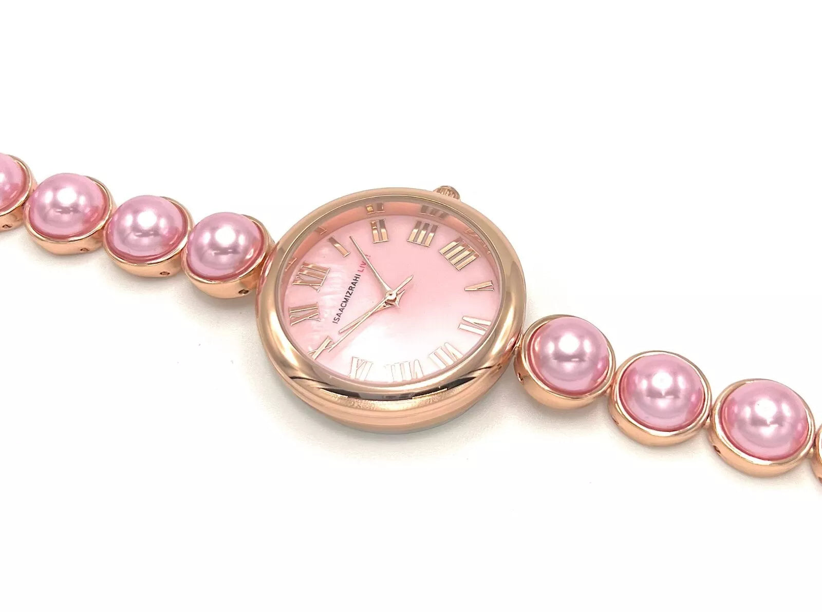 Isaac Mizrahi Live! Faux Pearl Cabochon Link Bracelet Watch â€“ Pink, Rosetone