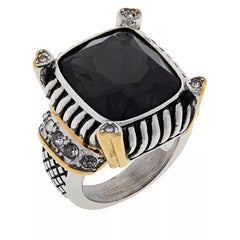 Emma Skye Stainless Steel Black Colored Glass & Crystal 2Tone Ring, Size 6