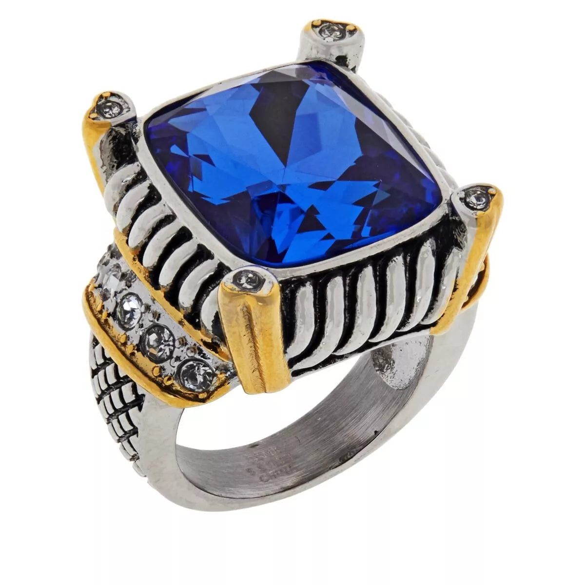 Emma Skye Stainless Steel Blue Colored Glass & Crystal 2Tone Ring, Size 7