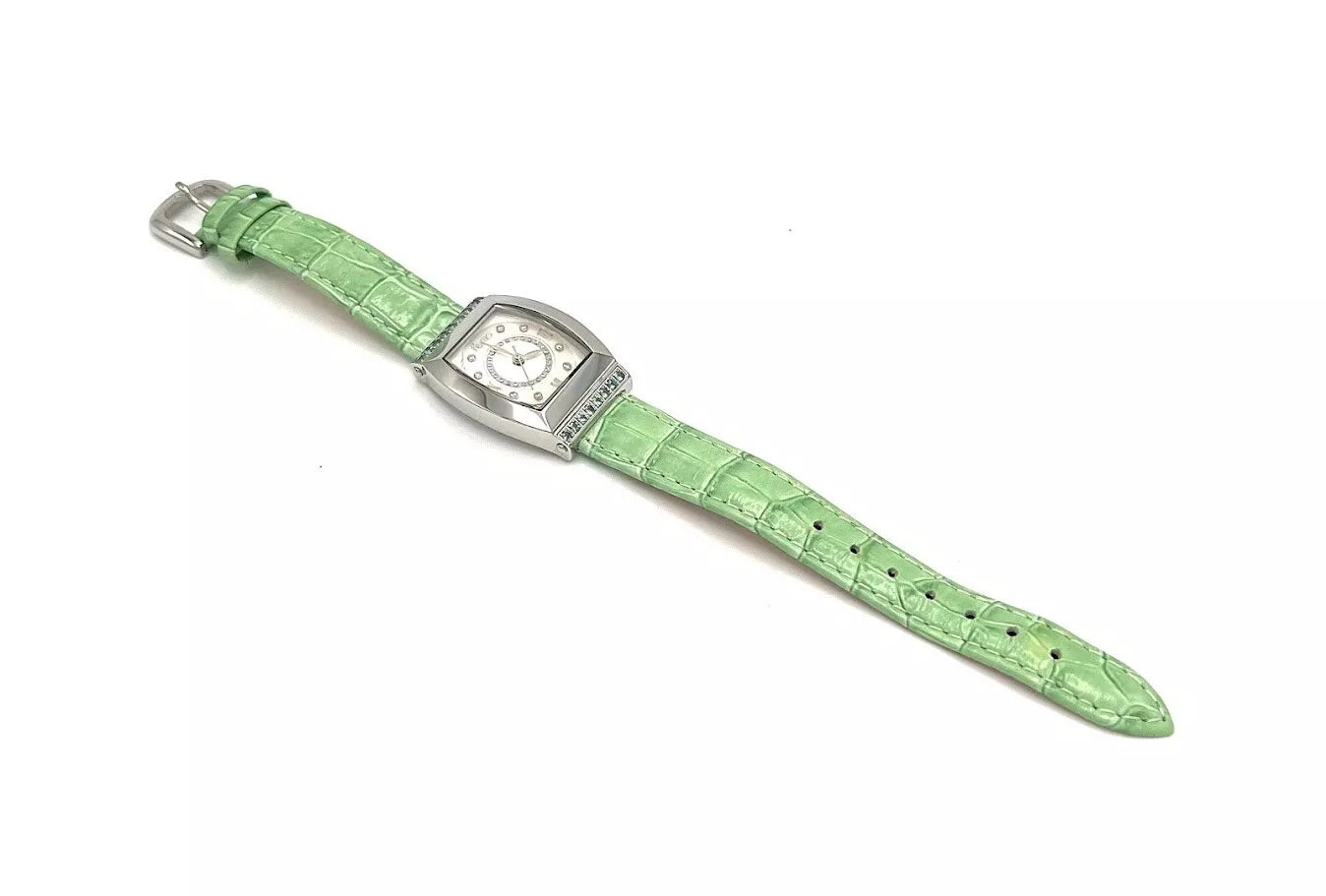 Tiamo Stainless Steel Diamond & Alexandrite Green Leather Band Watch. 5"- 6-3/4"