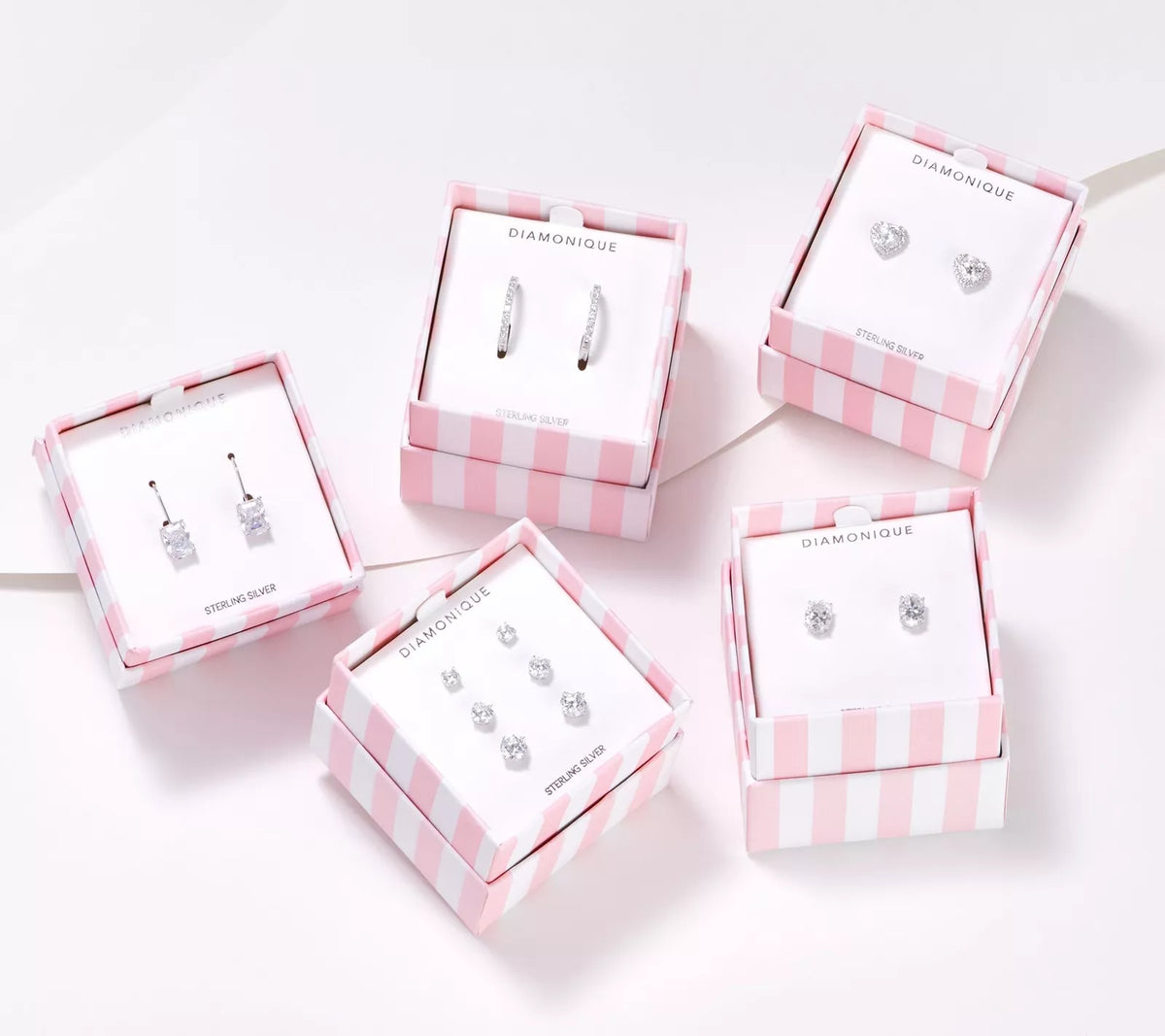 Diamonique Sterling Silver CZ Set of 5 Variety of Cuts Stud Earrings