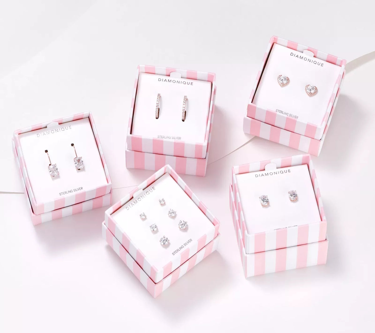 Diamonique Sterling Silver Roseclad CZ Set of 5 Variety of Cuts Stud Earrings