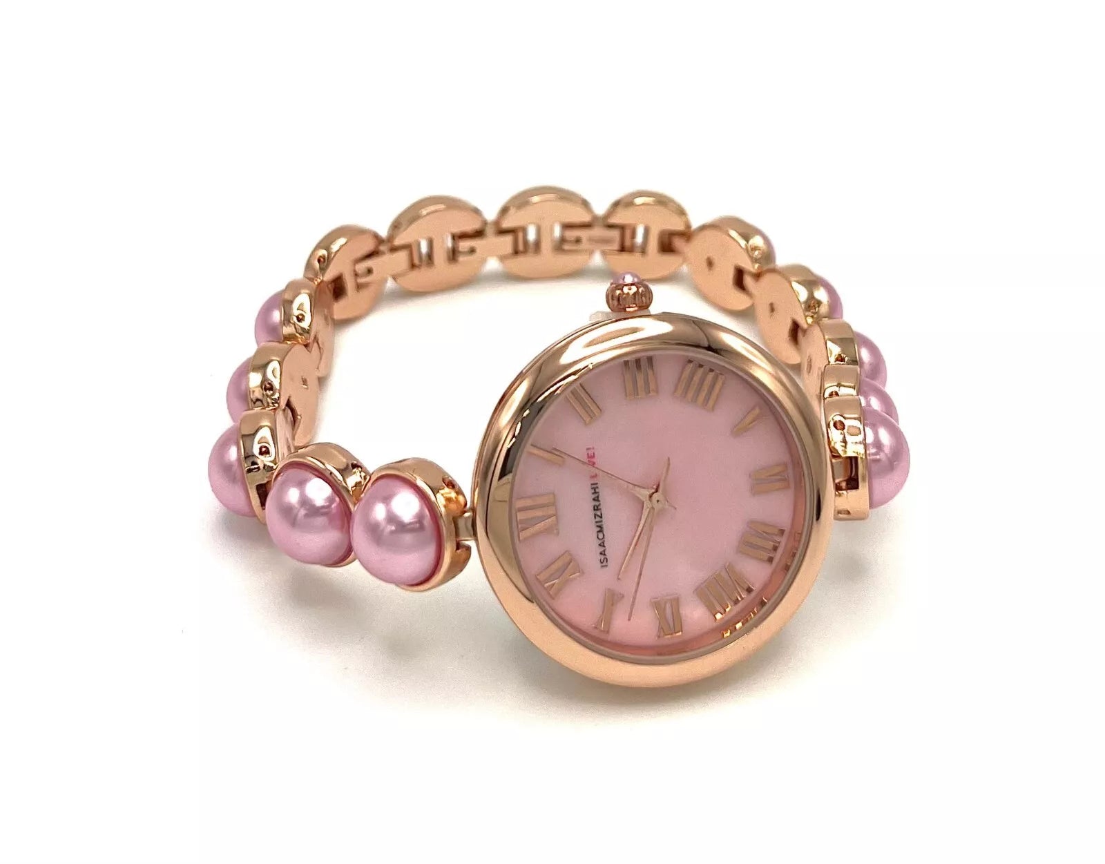 Isaac Mizrahi Live! Faux Pearl Cabochon Link Bracelet Watch â€“ Pink, Rosetone