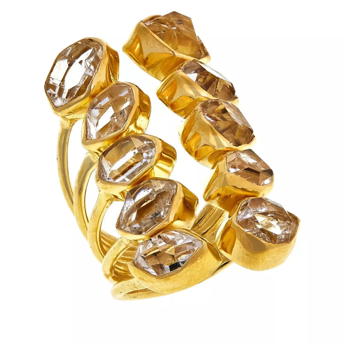 Herkimer Mines Sterling Silver Goldclad "Diamond" Quartz 10-Stone Cuff-Style Yellow Ring. Size 8