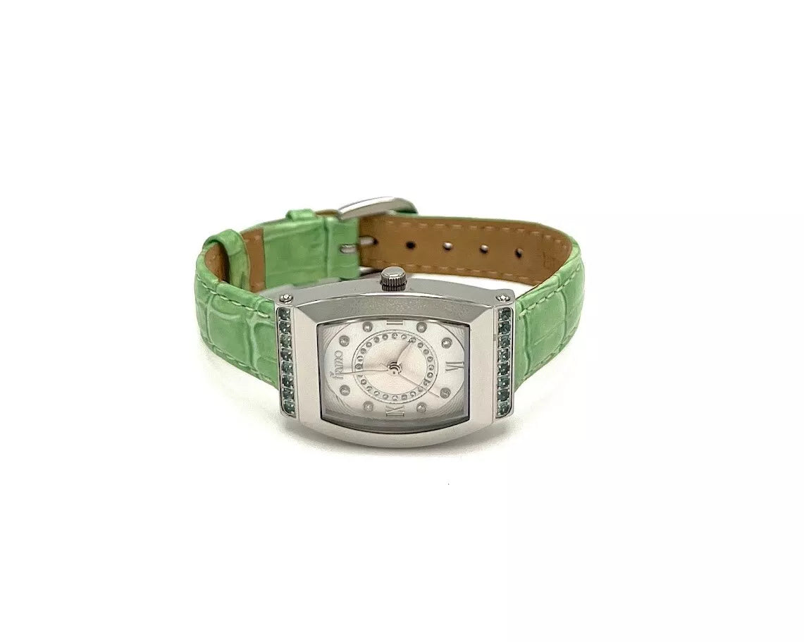 Tiamo Stainless Steel Diamond & Alexandrite Green Leather Band Watch. 5"- 6-3/4"