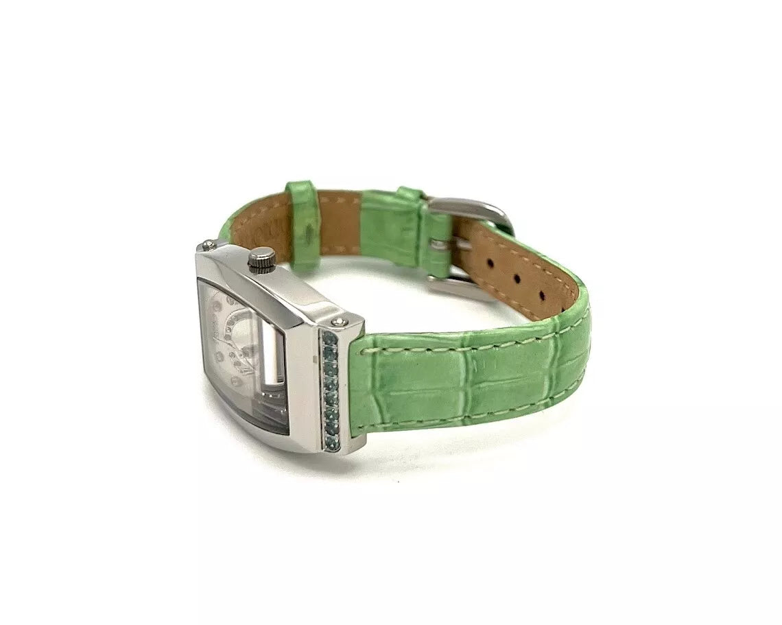 Tiamo Stainless Steel Diamond & Alexandrite Green Leather Band Watch. 5"- 6-3/4"