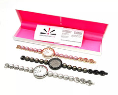 Isaac Mizrahi Live! Faux Pearl Cabochon Link Bracelet Watch – Pink, Rosetone